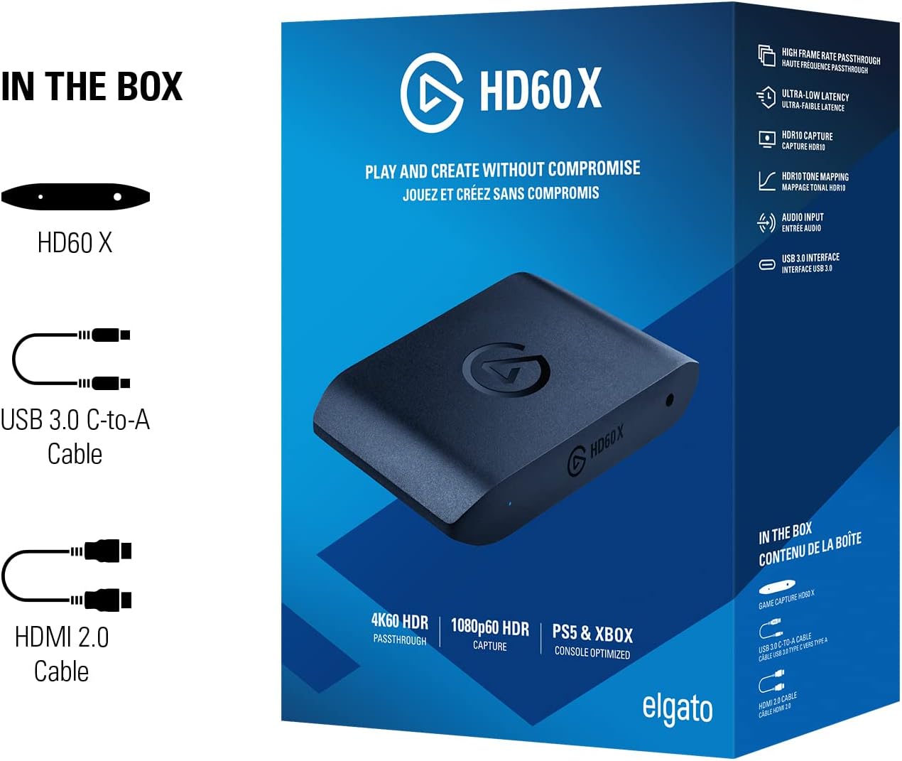Elgato HD60 X - Stream and Record in 1080p60 HDR10 or 4K30 with Ultra-low Latency on PS5|Pro, PS4|Pro, Xbox Series X/S, Xbox One X|S, Nintendo Switch 2, in OBS and More, Works with PC and Mac
