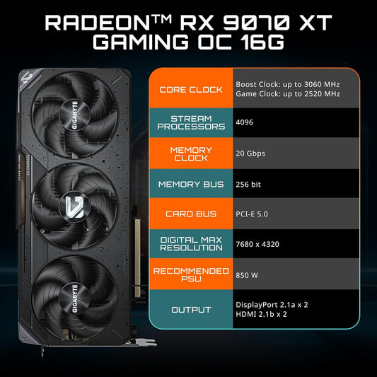 GIGABYTE Radeon RX 9070 XT Gaming OC 16G Graphics Card, PCIe 5.0, 16GB GDDR6, GV-R9070XTGAMING OC-16GD Video Card